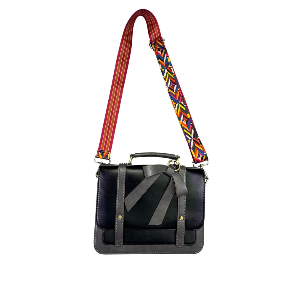 ECOSUSI Vegan Leather Satchel‎ Crossbody Bag Black Gray Guitar Strap Geometric